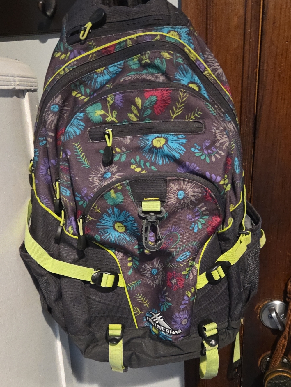 High Sierra Kids Floral Backpack in Gray with Neon Yellow and Blue Accents